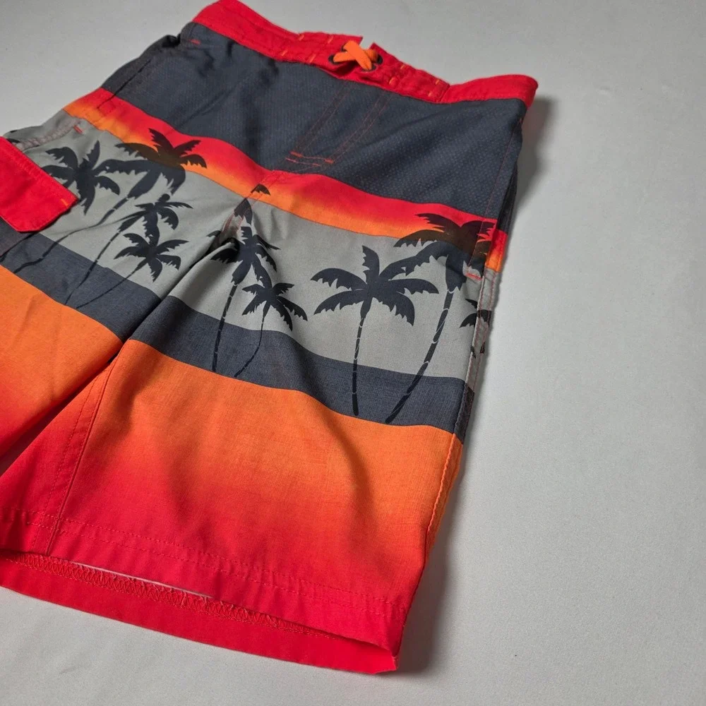 Wonder Nation‎ Swim Trunks Boys L 10-12 Red Orange Palm Tree Ombre Board Shorts